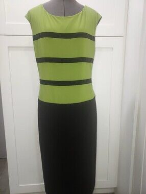 Kasper Green and Black Striped Sheath Midi Dress